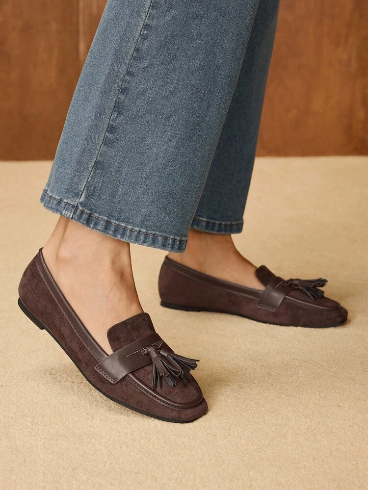 MOCASINES CLÁSICOS CON BORLAS, ZAPATOS CASUALES TIPO SLIP-ON, ZAPATOS PLANOS DE PUNTA CUADRADA PARA MUJER, ADECUADOS PARA OTOÑO/INVIERNO