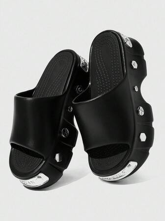 Grunge Punk Women's Black Rivet Punk Gothic Style Sandals, Open Toe Summer Roman Beach Holiday Platform Wedge Slide Slippers, Halloween