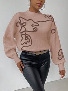 SHEIN LUNE 女式撞色图案高领简约日常长袖毛衣 - 藕粉色 - 查看 6