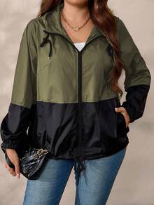 EMERY ROSE Giacca casual con cappuccio, chiusura lampo e coulisse, con patchwork a contrasto di colore, per taglie forti