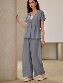 Modelyn 2件組女款蝙蝠袖鈕扣襯衫與鬆緊腰直筒長褲套裝，春季/秋季 - 灰色 - 查看 6