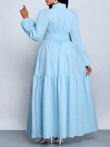 SHEIN CURVE+ 大码纯色女装宽松休闲立领前长袖收腰系带连衣裙女优雅休闲时尚通勤连衣裙秋冬新款 - 淺藍色 - 查看 2