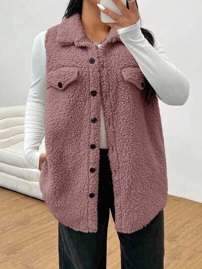 Solflare Plus Size Women Casual Single-Breasted Fleece Vest Jacket, Light Grey-Purple, Autumn/Winter