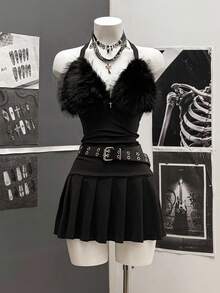 StreetHx 时尚女式毛茸茸金属装饰露背连衣裙