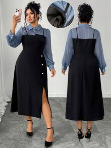 SHEIN Elenzya Plus Size Women's Color Block Long Sleeve Fitted A-Line Asymmetric Hem 2 In 1 Elegant Commuter Maxi Shirt Dress Fall Cloth For Women