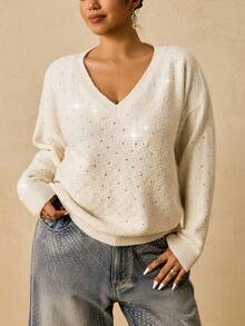 SHEIN VCAY Plus Size Rhinestone Embellished Sweater, Fashionable For Autumn/Winter - Apricot - View 1