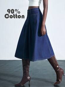 Maija 女士百褶休闲/办公室时尚牛仔裙 - 深色水洗藍 - 查看 1