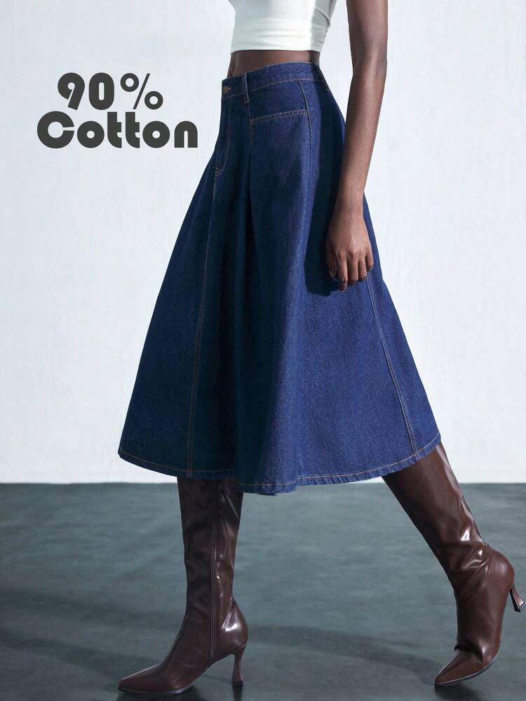 Maija Women's Blue Denim Skirt Low Waist Mid-Length Skirt College Style Wear Autumn Women's Clothing - Dark Wash - View 1