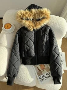 Tween Girls' Casual All-Match Versatile Daily Ribbed Collar Diamond Pattern Waist Fitted Short Padded Coat, Autumn/Winter Fall - Black - View 6