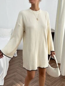 EURMUSE Pullover Beige Long Sweater With Hem And Sleeve Detail - Beige - View 5
