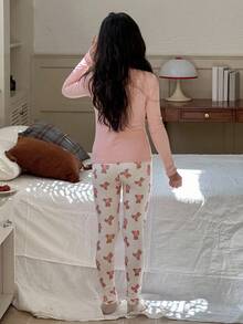 DAZY 2pcs Tween Girl Tween Girls Crew Neck Knit Printed T-Shirt + Pants Homewear Set, Fall - Pink - View 2