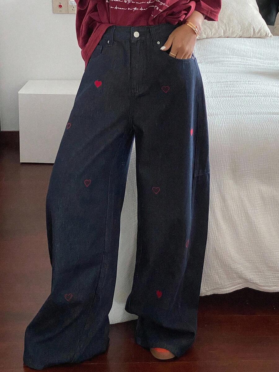 DAZY Pantalones vaqueros holgados de mujer de estilo occidental con bolsillo y bordado de corazón, para el verano - Azul - Ver 1