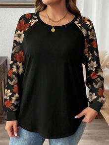 EMERY ROSE 加大码枫叶落叶秋季印花拼布印花针织T恤女长袖上衣秋季上衣女长袖黑色上衣女式休闲上衣加大码休闲上衣女式休闲上衣 - 彩色 - 查看 3