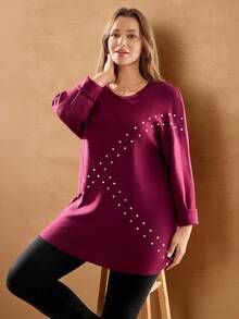EMERY ROSE Plus Size Women's Quality Home Leisure Elegant Party Wine Red Hot Diamond Craft Decoration Round Neck Super Long Sleeve Pullover Long Sweater Fall Clothes For Women Winter Clothes