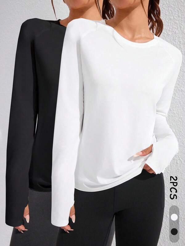 SHEIN Velisys تي شيرت رياضي للنساء بياقة دائرية وأكمام راجلان بلون واحد