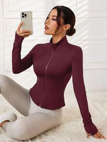SHEIN Sports 简约舒适立领拉链休闲百搭运动夹克 - 紅色 - 查看 4