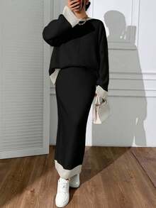 Damen Set aus Pullover mit rundem Ausschnitt und Drop-Shoulder und Strickrock