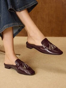 MOTF VINTAGE TASSEL SLIP-ON COMFORTABLE CASUAL OIL WAX LEATHER TEXTURE SQUARE TOE FLAT MULES - Coffee Brown - View 7