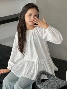 Dazy Kids Tween Girls Round Neck Long Sleeve Woven Shirt - White - View 8