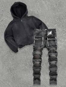 SHEIN 青少年男孩时尚休闲 Y2K 复古酷炫街头风回归校园学院风黑色牛仔街头时尚口袋流苏设计黑色牛仔弹力紧身牛仔裤，适合日常穿着，秋冬季节锐舞派对和街头服饰黑色破洞牛仔裤街头风牛仔裤 - 黑色 - 查看 1