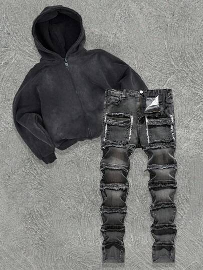 Tween Boy Fashion Casual Y2k Vintage Cool Street Returns To School College Black Denim Street Fashion Pocket Fringed Design Black Denim Stretch Tight Jeans For Soft Dailywear And Winter And Fall Rave Festival And Streetwear School Black Ripped Jeans Streetwear Jeans