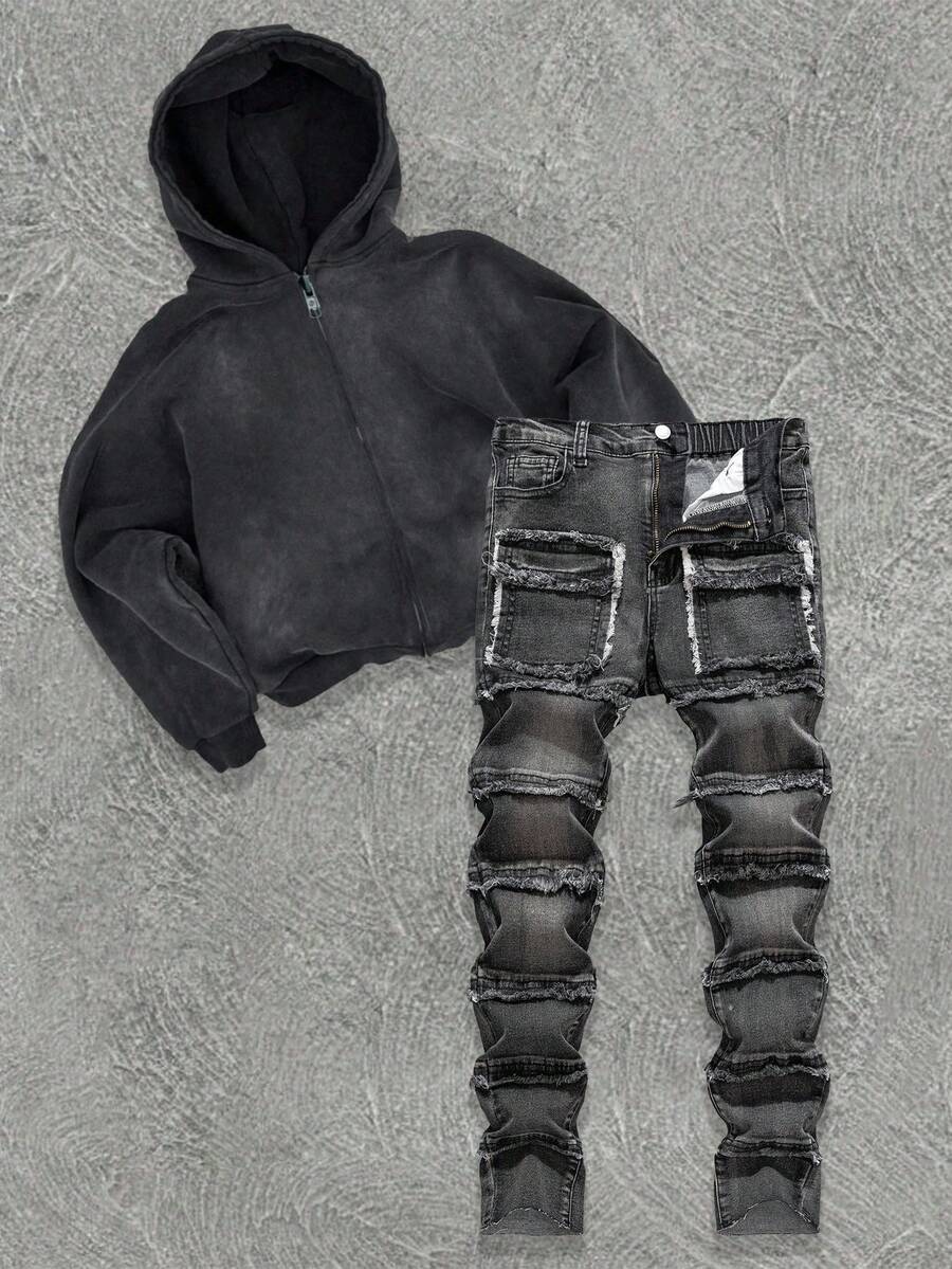 SHEIN 青少年男孩时尚休闲 Y2K 复古酷炫街头风回归校园学院风黑色牛仔街头时尚口袋流苏设计黑色牛仔弹力紧身牛仔裤,适合日常穿着,秋冬季节锐舞派对和街头服饰黑色破洞牛仔裤街头风牛仔裤 - 黑色 - 查看 1