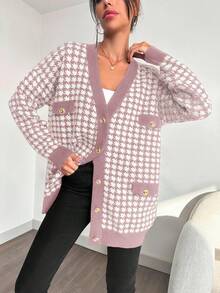 EURMUSE Women's Casual Houndstooth Pattern Dropped Shoulder Loose Button-Up Cardigan, Autumn/Winter,Long Cardigans Woman,Petite Cardigans,Cardigans - Dusty Pink - View 4