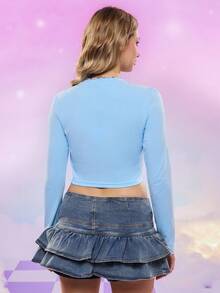 My Little Pony X SHEIN 女式秋季马匹印花短款修身长袖T恤 - 藍色 - 查看 2