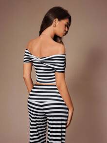 Lazeform Casual Women Ribbed Off-Shoulder Twist Back Pajama Set Women Two Pieces Set Casual Two Pieces Set Co Ord Set Women 2 Pieces Set