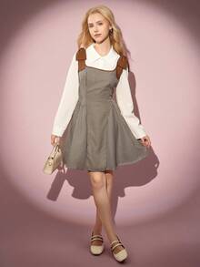 两件套休闲长袖衬衫搭配优雅格纹可拆卸蝴蝶结无袖修身连衣裙，适合青少年女孩，春秋/秋冬皆宜。 - 咖啡棕 - 查看 3