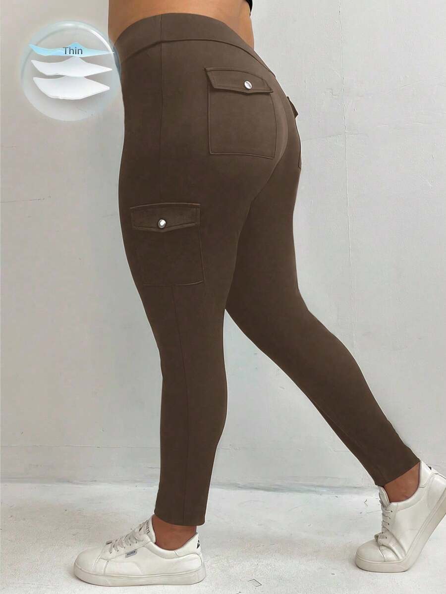 Calvaya Plus Size Casual Solid Color Slim Fit Pants - Mocha Brown - View 1