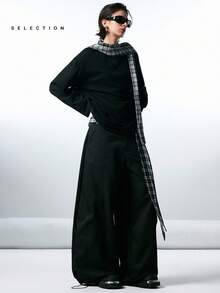 LYSMO SELECTION 2025 New Arrival Minimalist Fall/Winter Women's Plaid Hooded Loose Long Sleeve Casual T-Shirt, Comfortably Versatile, Vintage And Artistic Style, Relaxed Chic Look, Black Knit Scarf Layered Design, Plaid Elements, Perfect For Urban Commute, Soft And Warm Fabric, Stylish Layered Detailing, Ideal For Everyday Autumn And Winter Outings Black Top Scarf Top Black Long Sleeve Shirt Plaid Scarf,Christmas