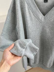 EMERY ROSE 2pcs/Set Plus Size V-Neck Loose Fleece Sweatshirt, Dark Grey & Light Grey, Suitable For Fall/Winter