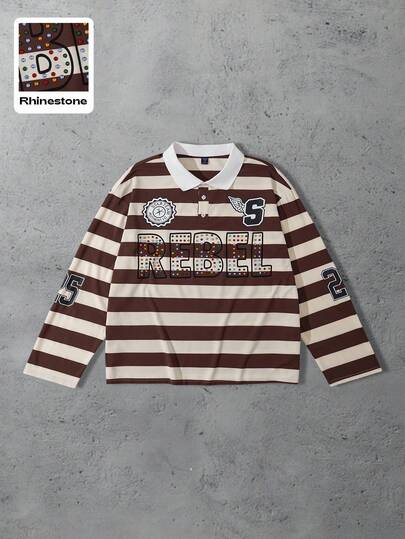 Street Life Camicia polo a maniche lunghe con strisce di diamanti scintillanti, vestibilità ampia, adatta per l'autunno