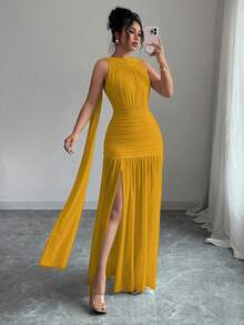 Elenzga Women's Elegant Sleeveless Dress With Pleated Detail And Side Slit, Minimalist Solid Color, Summer - Yellow - View 7