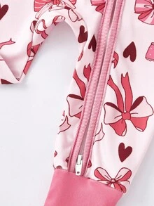 Baby Mädchen rosa Schleife Digital Muster Langarm Reißverschluss Vorne Jumpsuit Nachtwäsche, Enge Passform