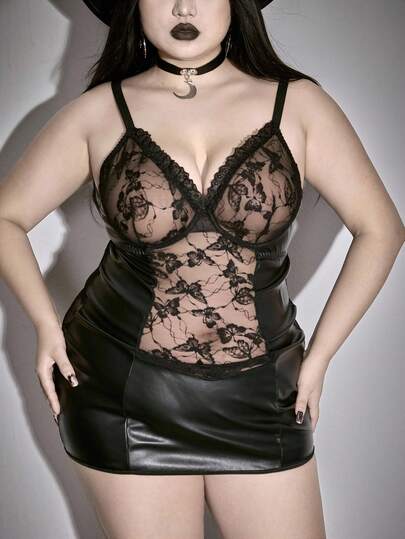 ROMWE Avant مجموعة فستان بحجم كبير مصنوع من قماش البولي يوريثان مع تصميم شبكي متقاطع وتفاصيل من الدانتيل