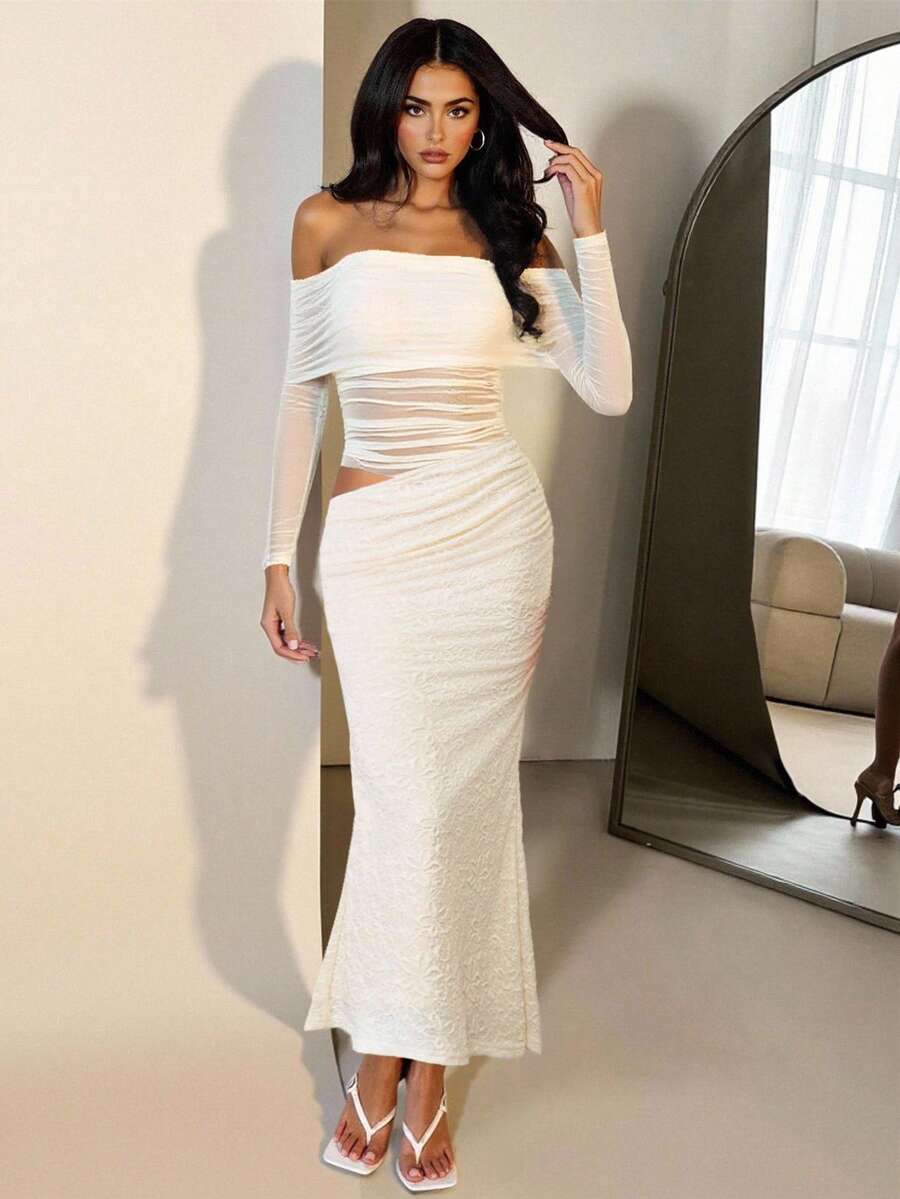 Rafferiza Abito aderente da donna in in rete delicato e sexy, con spalle scoperte, maniche lunghe, arricciature e patchwork testurizzato - Albicocca - Visualizzare 1
