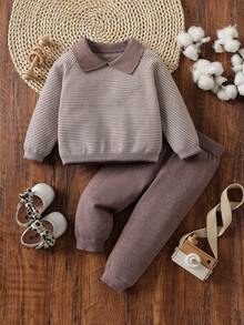 SHEIN Baby Boy Striped Raglan Sleeve Polo Collar Sweater And Knitted Pants Casual Outfit, Autumn Baby Boy Clothes Brown Autumn And Winter Two Piece Suit Baby Winter Clothes Baby Boy Sweater Set Neutral Baby Clothes Unisex Baby Girl Winter Sets Fall Baby Boy Knitted Set Neutral Baby Clothes Unisex 2026 Knit Two Piece Toddler - Mocha Brown - View 7