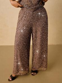 Freevana 大码女式优雅亮片装饰长裤，适合派对、度假和休闲穿着 - 駝色 - 查看 3