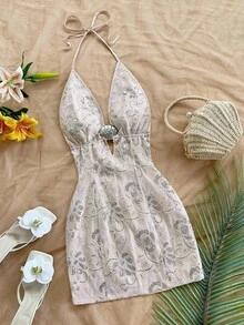 Soleia Women's Summer Vacation Sequin Floral Embroidery Halter Backless Mini Dress - Apricot - View 1