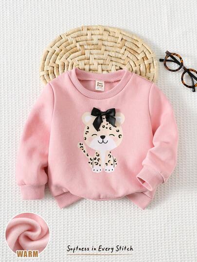 Cozy Pixies Stickad mjuk, rundhalsad långärmad tröja för babyflicka med tecknat djurmönster, söt djurdesign, rundhalsad tröja med långärmad topp, bekväm, mångsidig, snygg, vardag, sött mönster, enkel, grundläggande, lämplig för inomhus, utomhus, skidåkning, daglig, sport, lek, fest