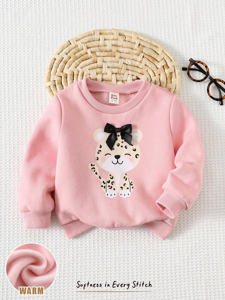 Cozy Pixies 女婴卡通动物图案针织柔软圆领长袖套头卫衣，可爱动物设计圆领长袖上衣，舒适百搭时尚日常可爱简约基础款，适合室内、户外滑雪、日常穿着、运动、玩耍、派对等场合。 - 粉色 - 查看 1
