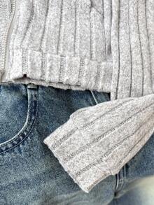 Tween Girls ME 宽松休闲罗纹纹理短款长袖连帽夹克，配有大口袋，适合日常通勤、休闲、度假、聚会、街头风格、秋冬 - 灰色 - 查看 6