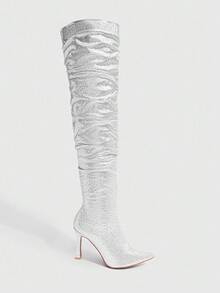 CUCCOO SZL 时尚尖头水钻装饰细高跟过膝长靴，性感迷人，适合派对、表演、夜总会、女士过膝高跟鞋 - 銀色 - 查看 4
