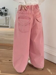 DAZY 少女心形口袋松紧腰粉色休闲牛仔裤秋冬款 - 粉色 - 查看 3