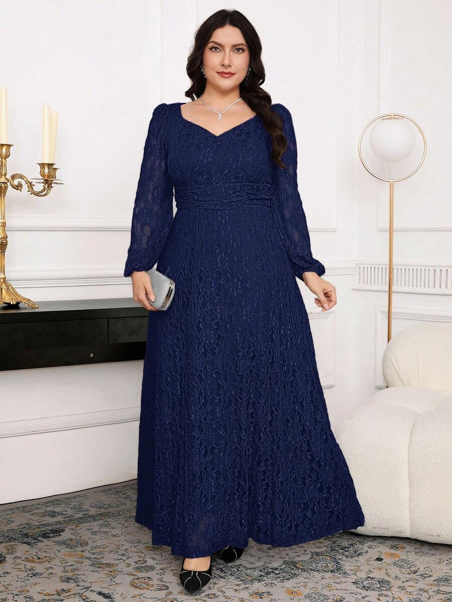 Modelyn Plus Size Elegant Party Solid Color Lace Dress Fall - Navy Blue - View 1