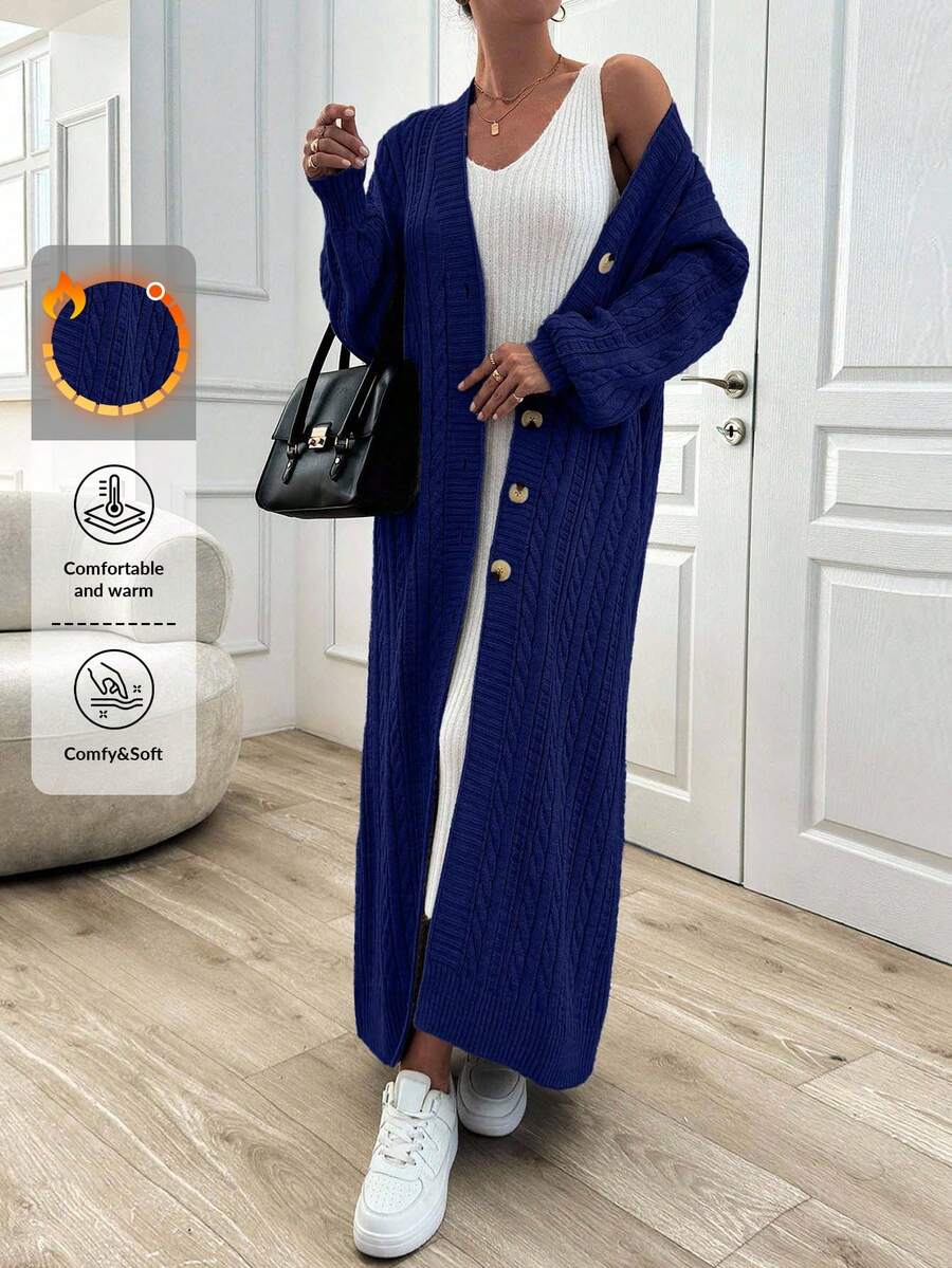 EURMUSE Women's Casual Solid Color Dropped Shoulder Loose Lantern Sleeve Cable Knit Extra Long Cardigan, Autumn/Winter,Petite Cardigans,Cardigans - Navy Blue - View 1