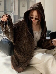 Livesso 女士宽松休闲豹纹拼接卫衣，带保暖内衬，时尚街头风，秋冬外套连帽衫 - 棕色 - 查看 8