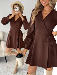 SHEIN LUNE 女士休闲通勤连衣裙 棕色V领长袖裹身短裙 - 棕色 - 查看 7
